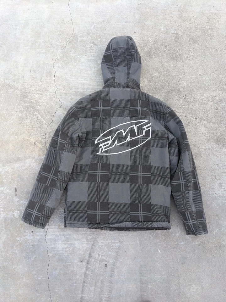 Chaqueta de Carreras FMF Gris Abrigo con Capucha a Cuadros Acolchado Estilo Moto Y2K Talla M De Colección Foto 1 de 4