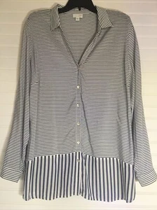 J Jill Tunic Top Womens XL Button Up Long Sleeves Striped Blue White Classic - Picture 1 of 9