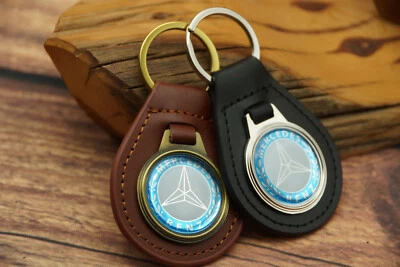 RARE VINTAGE 1970S LIGHT BLUE MERCEDES - BENZ CAR Leather Key Chain Ring Fob NOS - Image 1 of 4