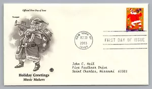 Santa Claus Plays Trumpet 2003 FDC Holiday Greetings Music Makers 37C Scott#3827 - Picture 1 of 2