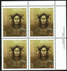 Canada sc#1091 Canadian Personalities: Molly Brant, UR Imprint Block, Mint-NH - Picture 1 of 2