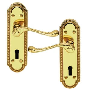 Georgian Scroll Polished Brass Finish Door Handles with Keyhole (25559) - Picture 1 of 1