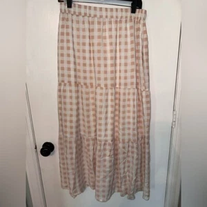Summer Plaid Maxi Skirt High Elastic Waist A Line Tiered Pleated Flowy Pockets L - Picture 1 of 7