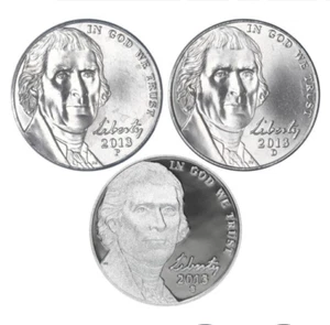 2013 P D S Jefferson Nickel Year Set From Proof & BU From OBW Rolls 3 Coin Lot - Picture 1 of 2