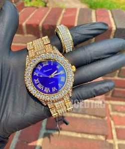 Vergoldete Hip Hop blaues Zifferblatt Metall Mode Eis Diamant Cut Out Uhr, Ring Set - Bild 1 von 23