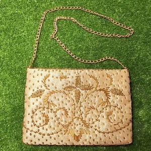 Bolso de noche vintage de cadena larga La Regale con cuentas doradas de 7,5"X5,25" - Imagen 1 de 10