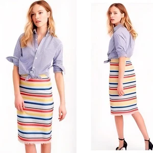 J. Crew Colorful Jacquard Stripe Fringe Hem Pencil Skirt Size 6 Petite - Picture 1 of 7
