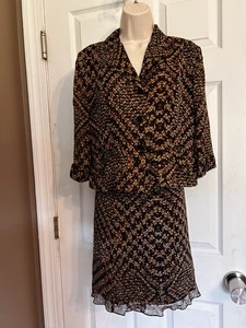 Cynthia Howie 100% Silk Brown Floral Button Collar Blouse Sheer Skirt Set Sz 10P - Picture 1 of 9