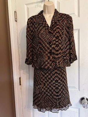 Cynthia Howie 100% Silk Brown Floral Button Collar Blouse Sheer Skirt Set Sz 10P - Image 1 of 4