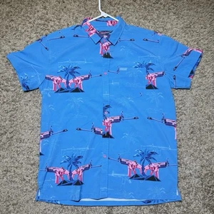 Retro Rifle Shirt Mens The Palm Blue Blk Pink Gun Print XL Miami Casual Button - Picture 1 of 6