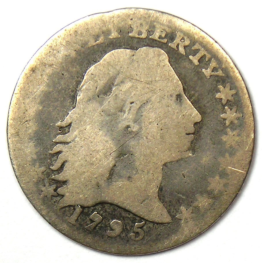 Moneda de plata H10C de media moneda de diez centavos pelo suelto 1795 - ¡Rara moneda de fecha temprana! Foto 1 de 2