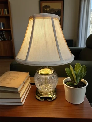 VTG 13” Small Brass Table Lamp Starburst Cut Glass  w/ Cream Shade for Any Room - Image 1 of 4