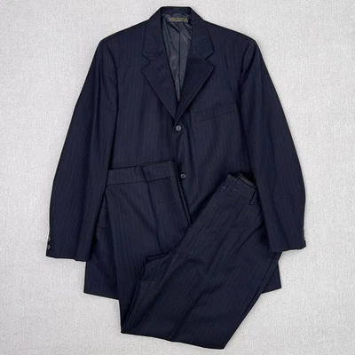 VTG 70s Brooks Brothers Navy Chalk Stripe Wool Flannel 2pc Suit 43L Full Canvas - Image 1 of 4