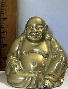 4” Tall Laughing Bronze Brass Buddha Seating On Rosewood Stand (B-X) - Picture 1 of 7