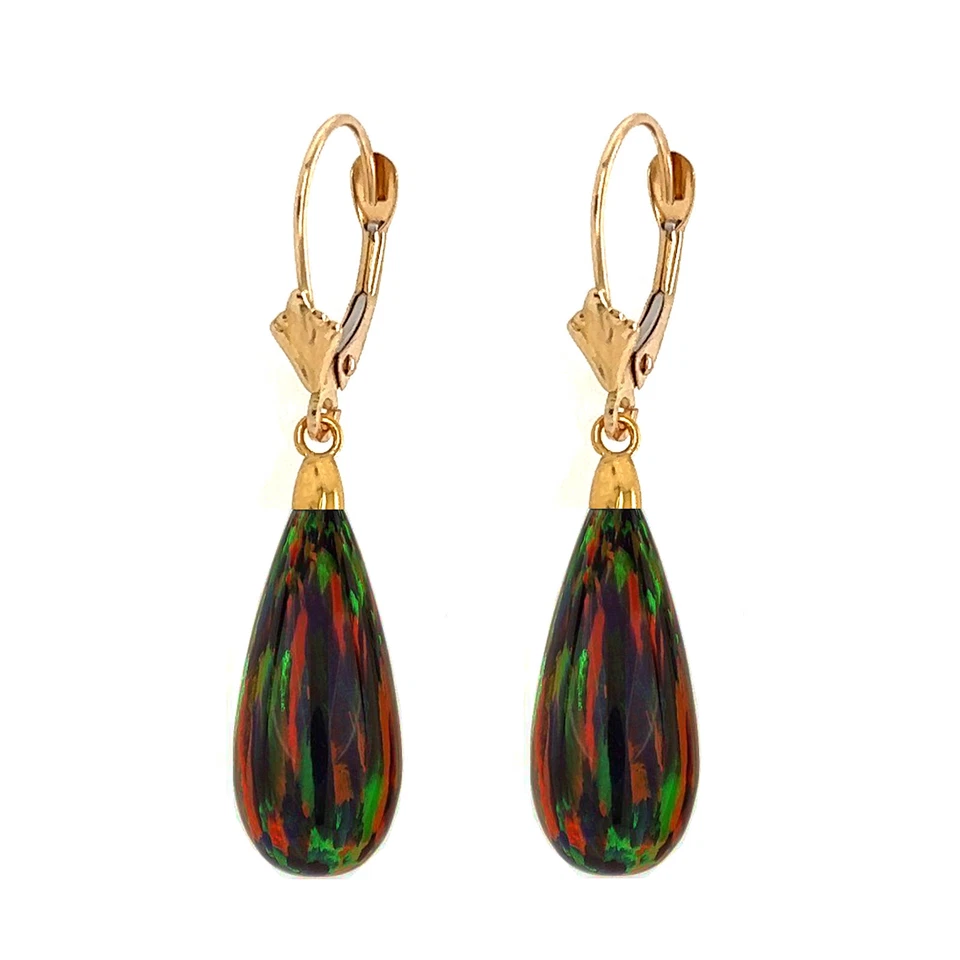 14k Yellow and White Gold Black Opal Leverback Earrings - Image 1 of 1