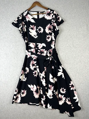 Lane Bryant Dress Women's 14 Black Pink Floral Tie Waist Short Sleeve Cocktail - Image 1 of 4