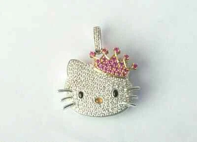 2 克拉圆形切割实验室钻石“Hello Kitty”吊坠 14k 白金饰面 — 第 1/3 张图片