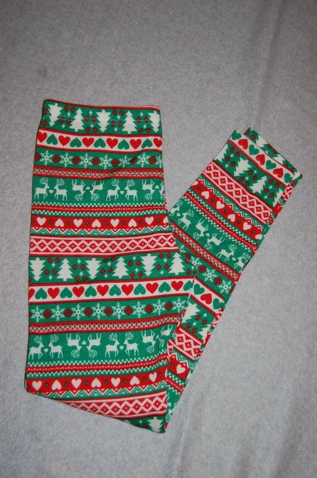 JR Womens Plush Leggings CHRISTMAS Red Green REINDEER Fleece Snowflakes M 7-9 - Image 1 of 1