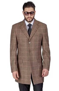 Plaid Tan/Brown Overcoat Slim Fit Men Wool Blend Single Breast Notch Lapel AZAR - Picture 1 of 9
