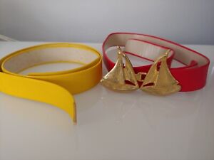 Vintage Mimi DiN 1974 Gold Sailboat Buckle w/1.25" red & yellow faux lthr Belt