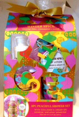 MY BEAUTY SPOT Winter Spice 3 Piece Peaceful Shower Set Shower Gel, Body Lotion & Pouf New