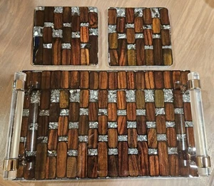 Geometric Teak Wood and Resin epoxied serving Tray with handles coaster Handmade - Picture 1 of 6