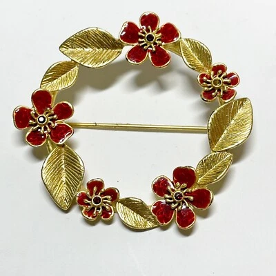 Broche Peregrino Diseño Danés Firmado Tono Dorado Rojo Floral Cristal Esmalte Foto 1 de 4