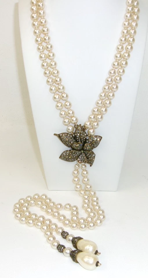 Collar de Perlas Heidi Daus Lariat con Flor de Diamante Negro Swarovski Y Gota Foto 1 de 2