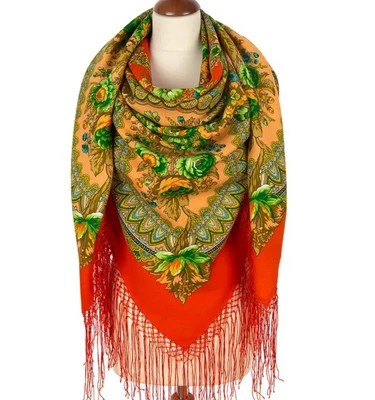 Bufanda 58"" Cuadrada 100% Lana Merino Mantón Español Naranja Verde Acogedora Envoltura Grande 377 Foto 1 de 4