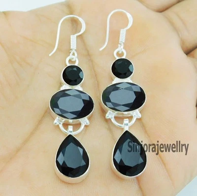 Orecchini con pietre preziose in onice nera in argento sterling 925 regalo... - Immagine 1 di 4