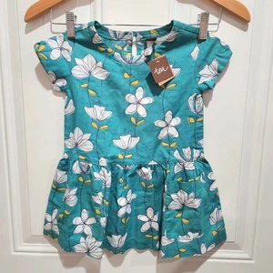 Tea Collection türkisfarbenes Blumenkleid Skizze Kunst S/S 100 % Baumwolle gewebte Taschen 3T neu - Bild 1 von 8