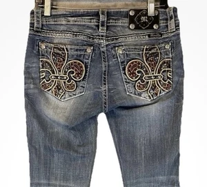 Miss Me Jeans Womens 28 Blue Signature Rise Boot Fleur De Lis Embellished Denim - Picture 1 of 23