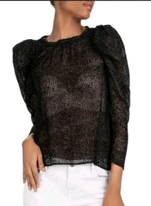 Ba&Sh Cadia Silk Flocked Top Blouse Black White Size Medium LS Semi Sheer - Foto 1 di 8