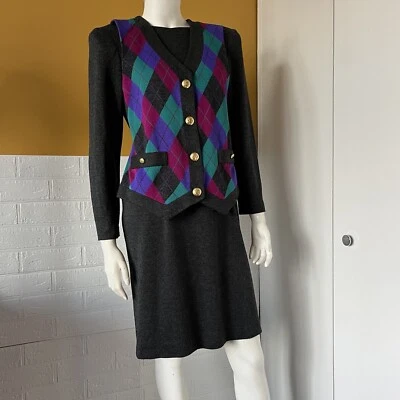 Vestido chaleco suéter vintage Leslie Fay para mujer talla 8 gris púrpura verde Argyle Foto 1 de 4