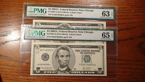 TWO 2003A CHICAGO Five Dollar PMG 63 EPQ & GEM 65 EPQ BANK NOTES $5 BILLS! - Picture 1 of 4