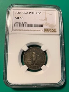 US PHILIPPINES 1904-P 20 CENTAVOS NGC AU 58 GOLD TONE SEMI KEY DATE SCARCE - Picture 1 of 4