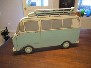 PRIMATIVES BY KATHY 19.5 X 12 .5 VW VOLKSWAGON BUSS WOOD WALL HANGING TEAL WHITE - Picture 1 of 7