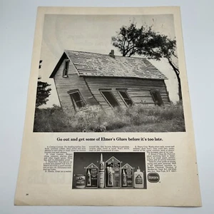 Elmers Glue 1969 Vintage Print Ad 13.5x10.5" old cabin leaning over Borden - Picture 1 of 1
