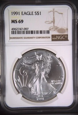 1991 American Silver Eagle $1 NGC MS69 - Image 1 of 2
