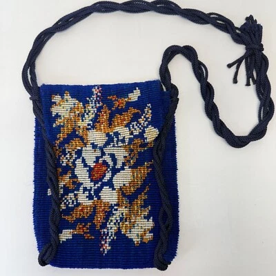 Vintage Floral Chenille Tapestry Bag Twisted Cord Strap Blue 70's Retro Boho - Image 1 of 4