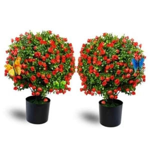 Artificial Rose Topiary Ball Tree 20.47” Tall Set of 2 Simulated Dark Red - Picture 1 of 7