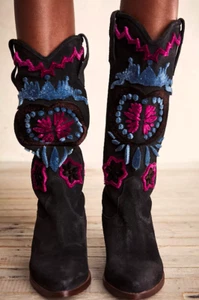 FREE PEOPLE Roundhouse Stitch Leather Cowboy Boots- Black Combo UK4 EU37 RRP£289 - Picture 1 of 19
