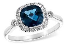 Cushion Cut London Blue Topaz Simulated Diamond Halo Ring 14k White Gold Silver