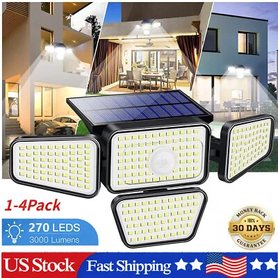 990000LM Solar Security Lights 4 Head Motion Sensor Lights Flood Light Lamp Wall - Image 1 of 4