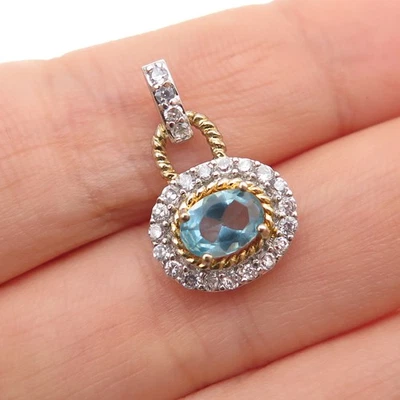 925 Sterling Silver 2-Tone Real Aquamarine & C Z Mini Charm Pendant - Image 1 of 4