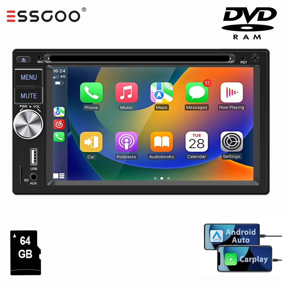 2 DIN Autoradio Carplay Android Auto BT CD DVD AM Player RDS 3 USB TF AUX 64G FF - Bild 1 von 4