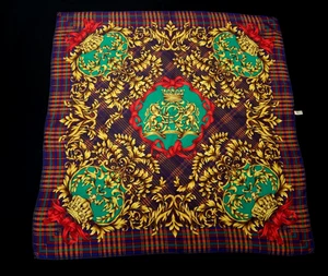 Square 88 cm  100% Silk Oroton Scarf Gold/Emerald/Blue Tartan Made in Japan - Imagen 1 de 15