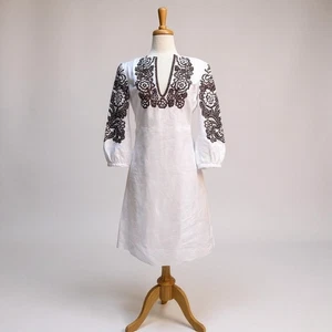 Tory Burch Beaded Mini Dress Tunic Sz 4 White Linen Brown Floral Embellished - Picture 1 of 19
