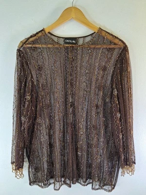 Vtg ONYX NITE Brown Sheer Beaded Open Cardigan Women's Plus Sz 2x  Holiday Party - Image 1 of 4