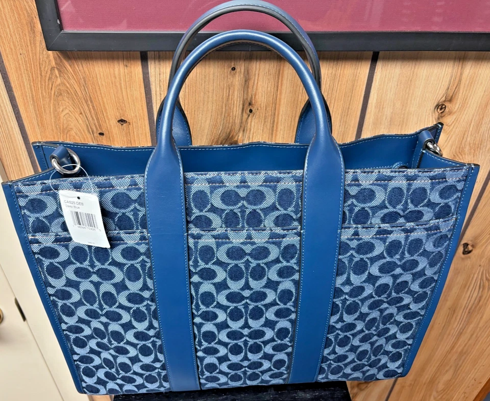 NUEVO NUEVO CON ETIQUETAS BOLSO DE MANO GRANDE DE CUERO VAQUERO AZUL MEDIANOCHE FIRMA COACH Foto 1 de 4